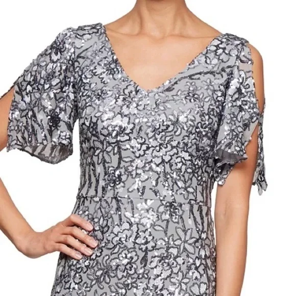 Alex Evenings Sequinned Cold-Shoulder Gown in Silver - Picture 4 of 11